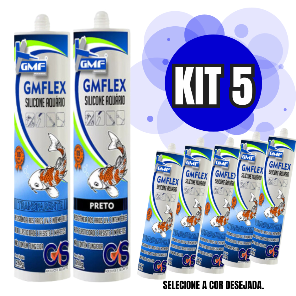 Kit 5 Unidades Silicone Aquario GMF Selante Transparente e Preto - 260GR