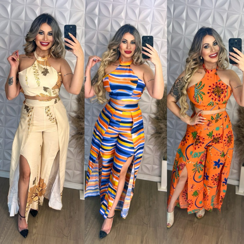 Conjunto Crepinho Cropped Pantalona Traspassada Fenda no meio Alça Ajustável, Top Calça Cropped VERÃO ESTAMPA CARNAVAL