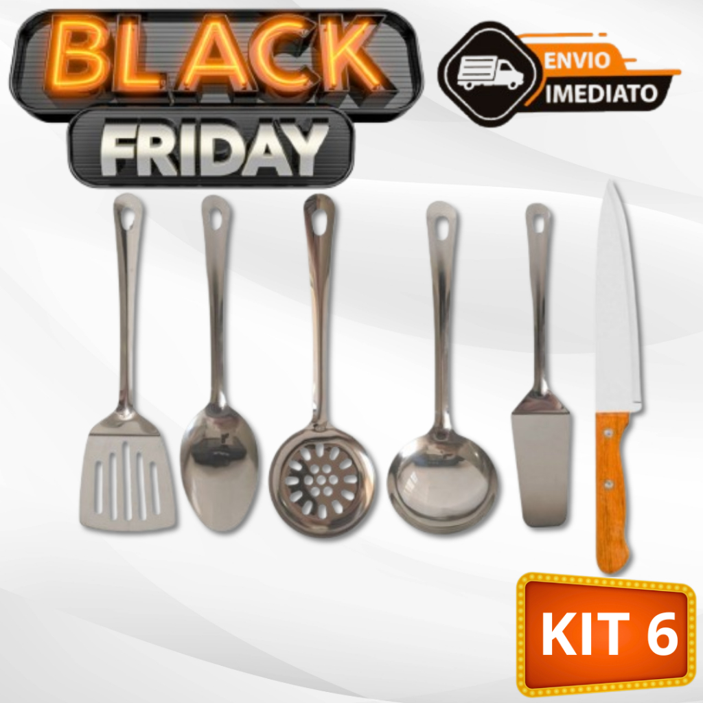 Kit 6 Peças Utensílios de Cozinha Aço Inox Colheres de Servir Jogo de Cozinha Escumadeira Concha Espátula Faca de Corte