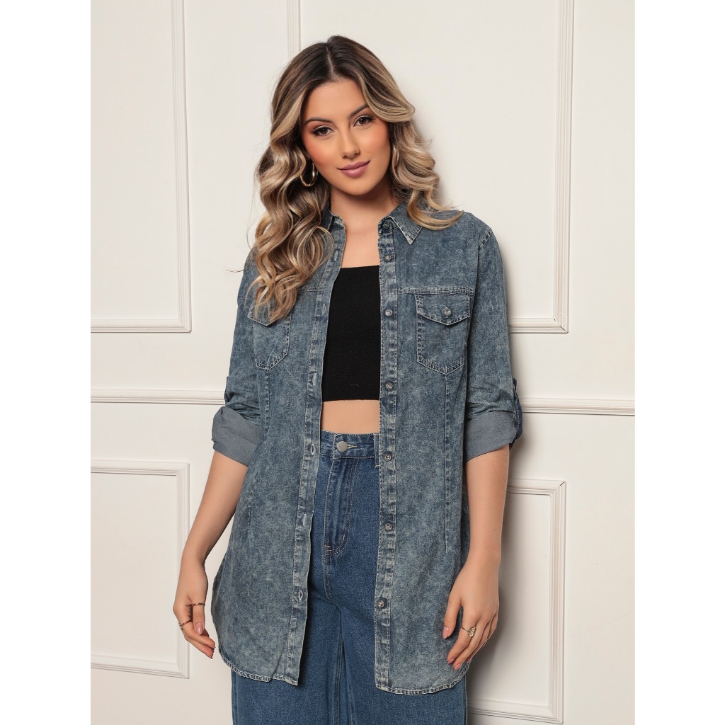 Camisola Jeans Feminina Manchada Casual em Oferta na Shopee