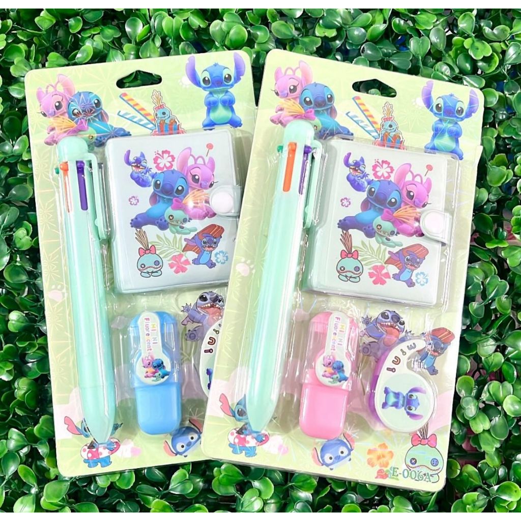 MINI BLOQUINHO DE ANOTAÇÕES STITCH COM CANETA, MARCA TEXTO E SUPORTE DE FITA ADESIVA /PAPELARIA FOFA