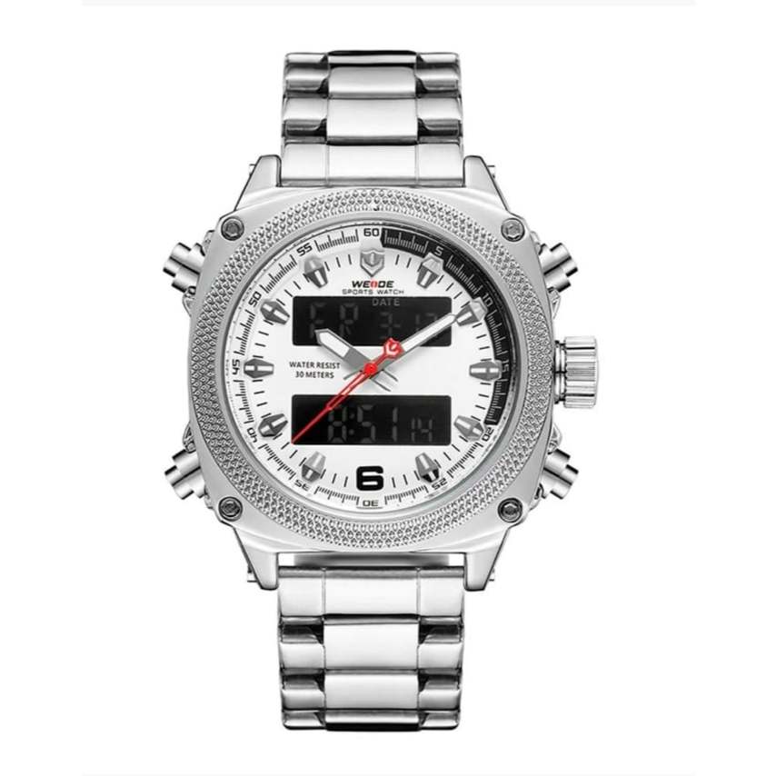 Relógio masculino weide wh7302 analógico e digital quadrado multifunção prata branco