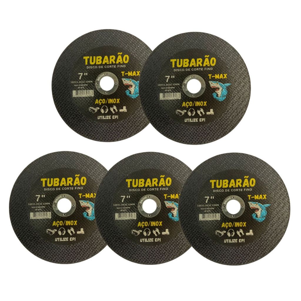 5x Disco de Corte 7'' x 1,60mm Furo 7/8" Inox e Metal - Tubarão