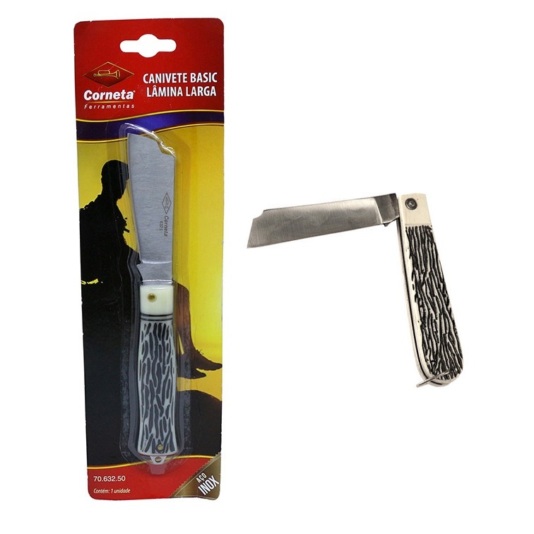 Canivete Basic Lamina Larga Inox Dobrável Uso Geral Cabo Plástico Rustico Corneta