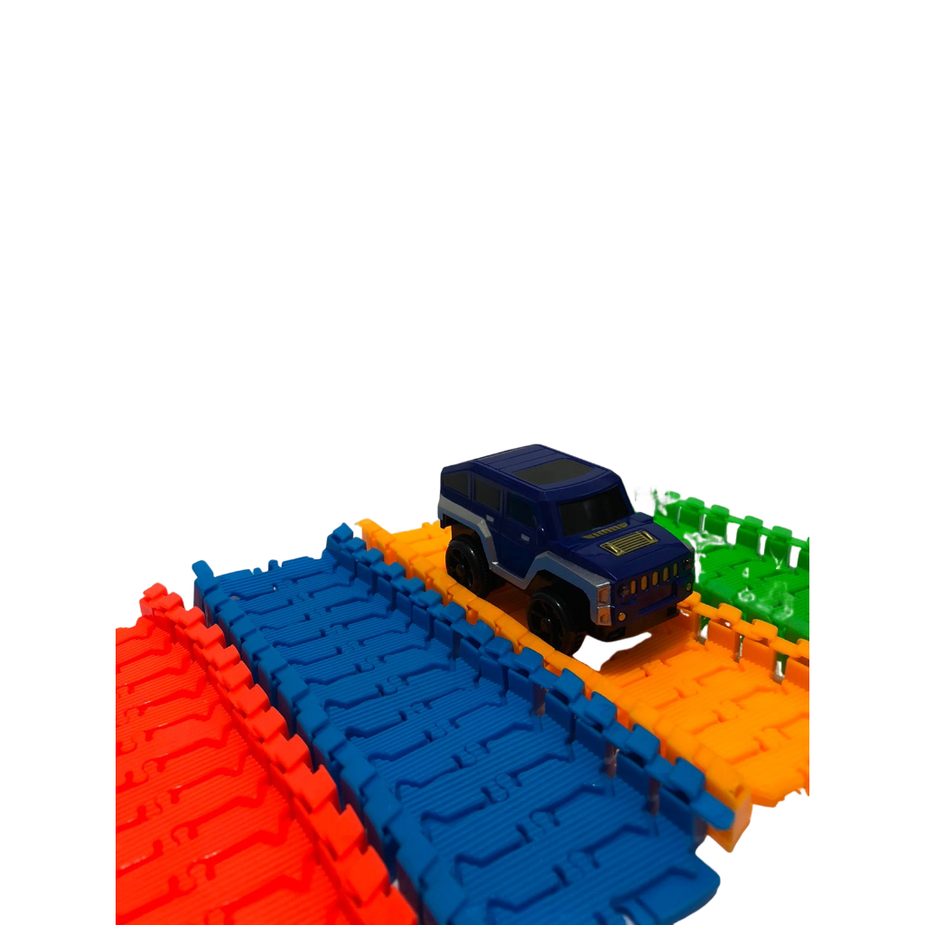 Kit 2x Carrinhos De Pista Jipe 4x4 + 2x Trilhas Malucas 112 Peças Coloridos