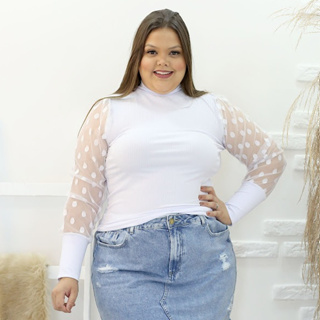 Blusa Manga Longa Gola Alta Plus Size Blusinha Plus Size Manga Tule Poá em Oferta na Shopee