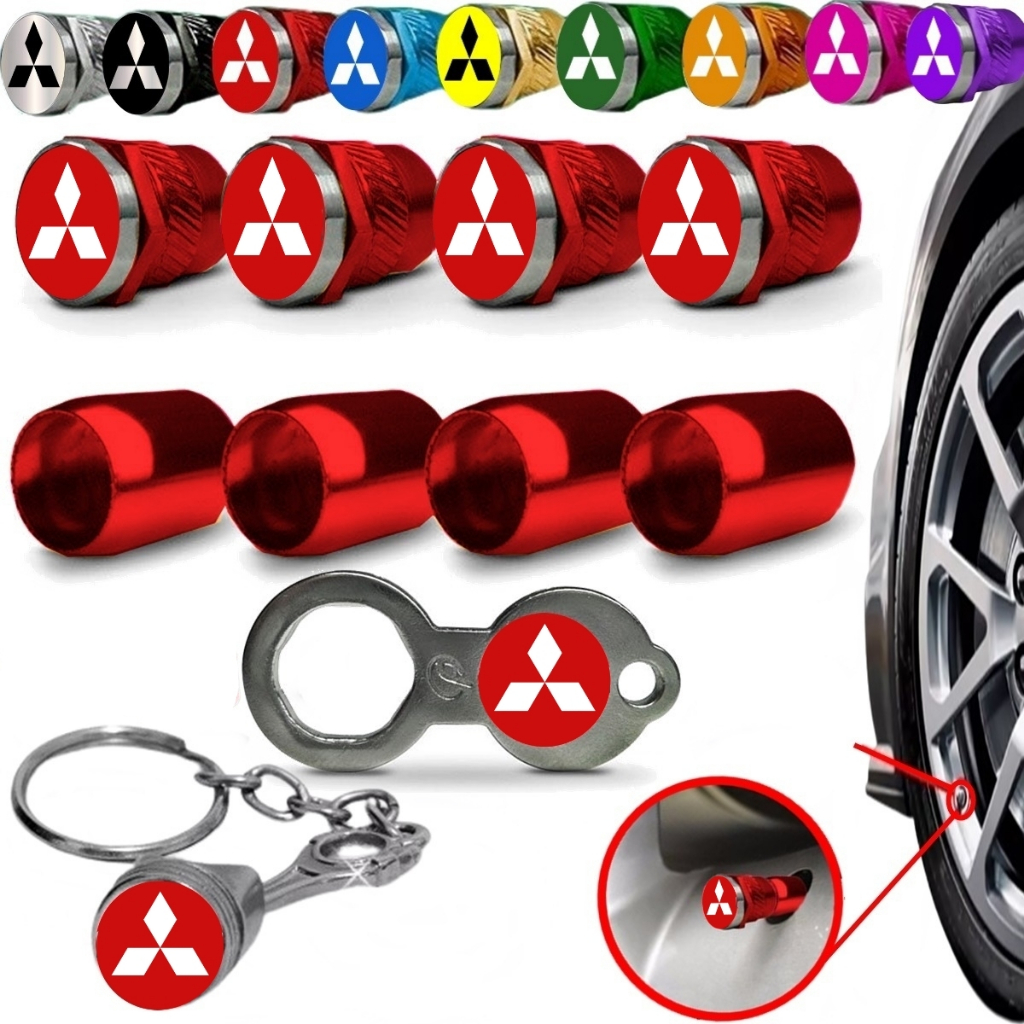 Jogo Mitsubishi Para as 04 Rodas Bico de Pneu AntiFurto Valvula Vermelho com Chaveiro Pistão