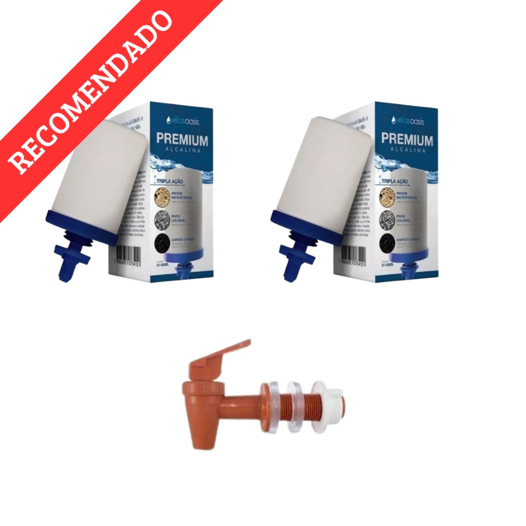 Vela Filtro de Barro Tripla Ação Carvão Ativado Prata Coloidal - Kit 2 Vela + 1 Torneira Marrom
