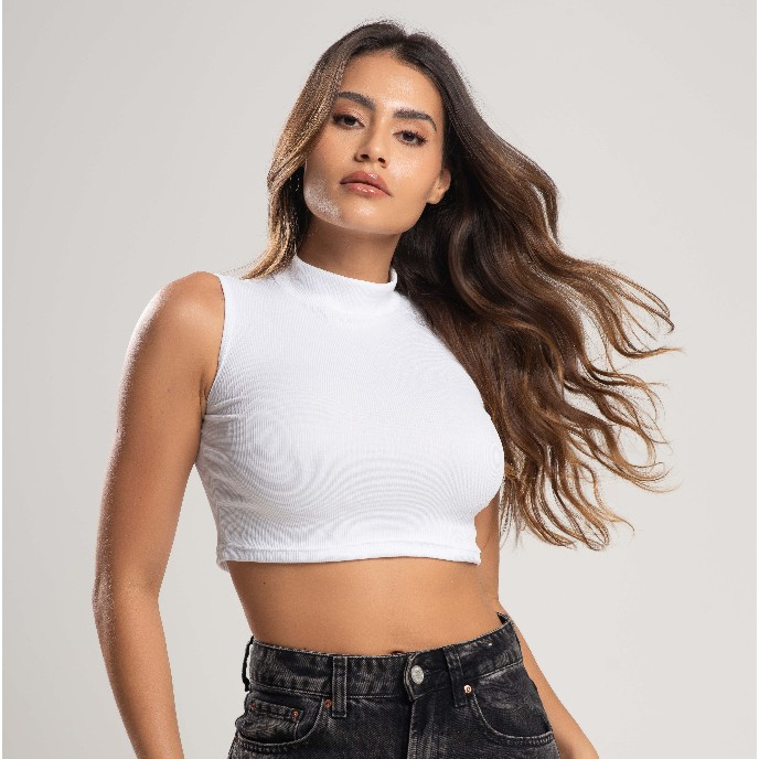 Blusa Feminina Branco Cropped Feminino Canelado Gola Alta Croped