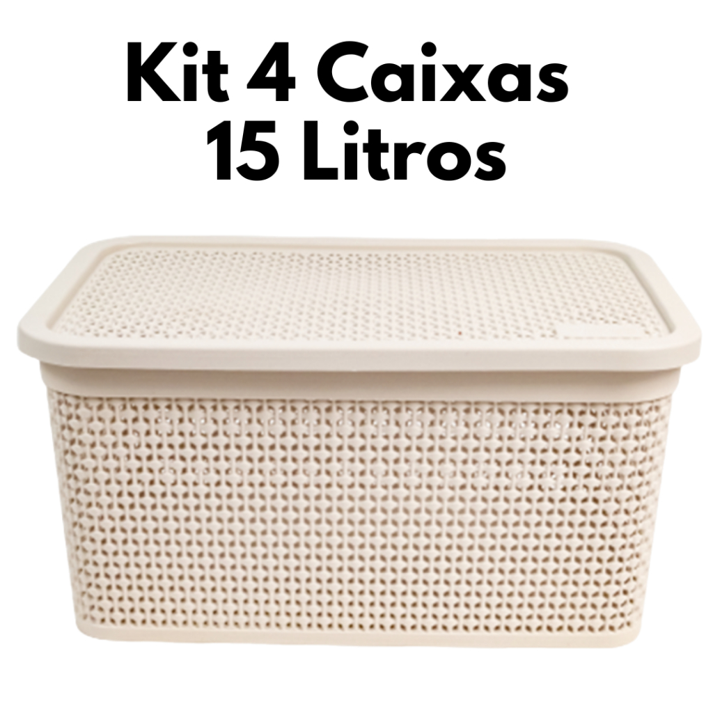 Jogo 4 Caixas Organizadoras 15 Litros Caixa Multiuso Rattan com Tampa Cesto Organizador Alça Lateral