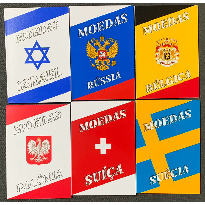 Kit com 6 Álbuns de moedas estrangeiras, Europa e Ásia: para moedas de Israel, Rússia, Bélgica, Polônia, Suíça e Suécia