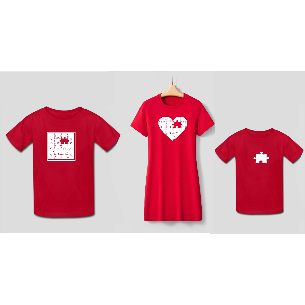 Camiseta Pai Vestido mãe bady filho filha bebe Familia quebra cabeça vermelho tal iguais