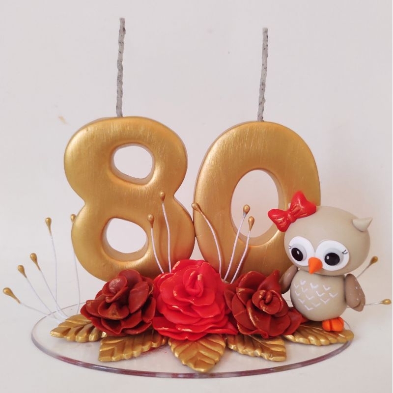 Vela 50, 60, 70, 80, 90 anos Dourados  - Biscuit (personalizado) - Topo de bolo Coruja - arranjo de flores