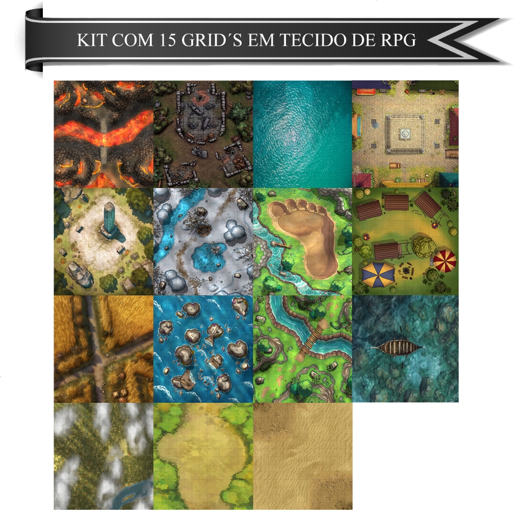 Kits de 05 a 15 Grids mapas de batalha em tecido para RPG playmat dungeons and dragons