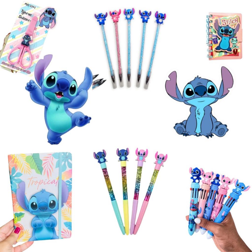 KIT STITCH (MINI BLOQUINHO VELCRO + CADERNO A5 C/ ELASTICO + CANETA MULTI + CANETA GLITTER + LAPIS INF BRILHO + TESOURA)