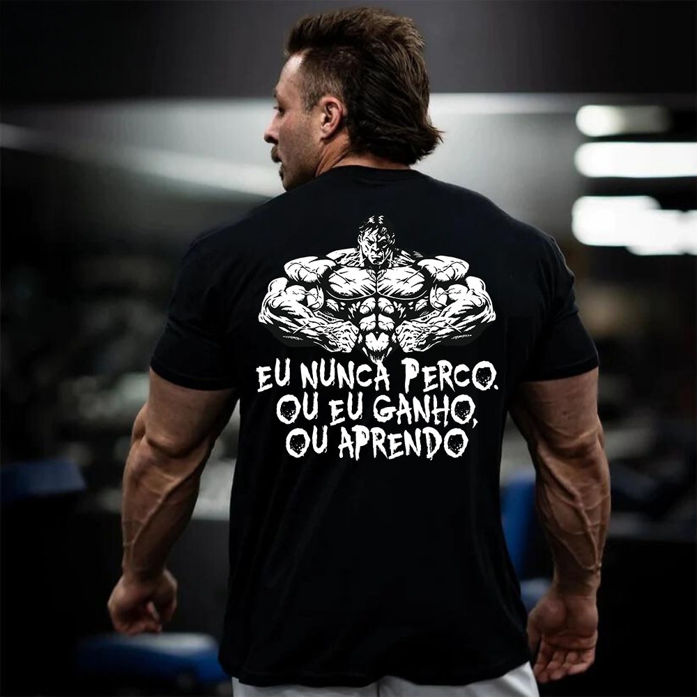 Camiseta Oversized Treino Confortavel Academia Estilosa Frase Eu Nunca Perco Motivacional