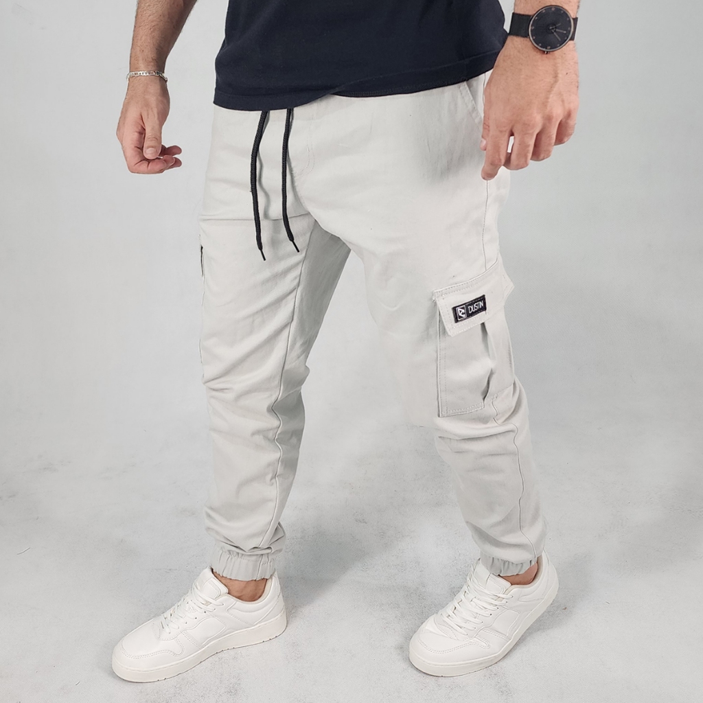 Calça Cargo Jogger Masculina Elastano Sarja Punho Elastico Street Casual Gelo