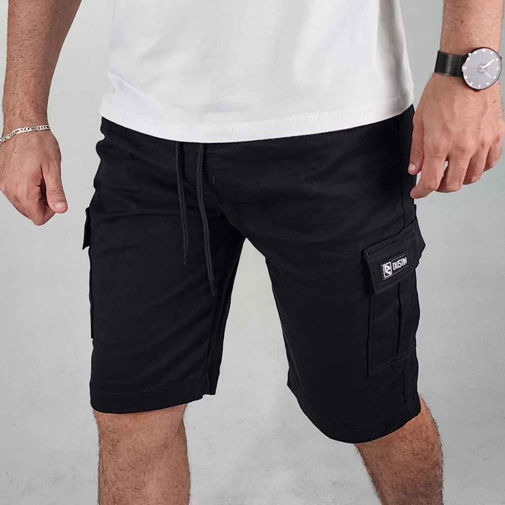 Bermuda Masculina Cargo Sarja Bolsos Premium Elastico Lycra