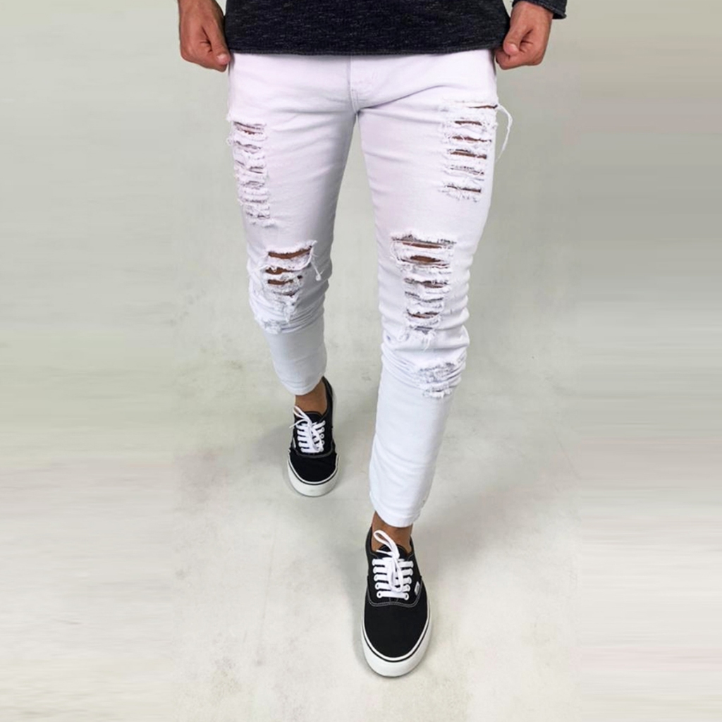 Calça Jeans Masculina Skinny Rasgada Premium Lycra Elastano Stretch Branco
