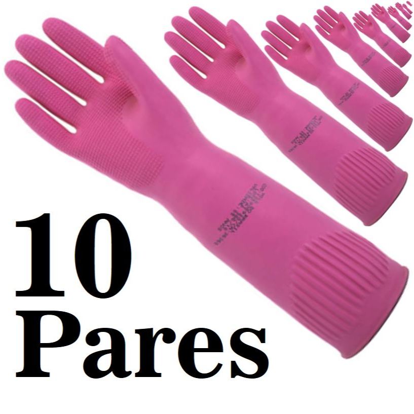 Kit de 10 Pares Luva Ranhurada Rosa Punho Longo Volk CA36368 - Limpeza Doméstica e Industrial, Pets, Bonita e Resistente