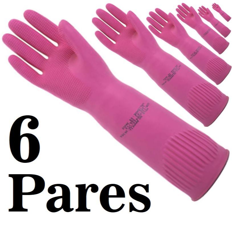 Kit de 6 Pares de Luva Ranhurada Rosa Punho Longo Volk CA36368 - limpeza de Casa, Lava Rápido, Pets, Bonita e Durável