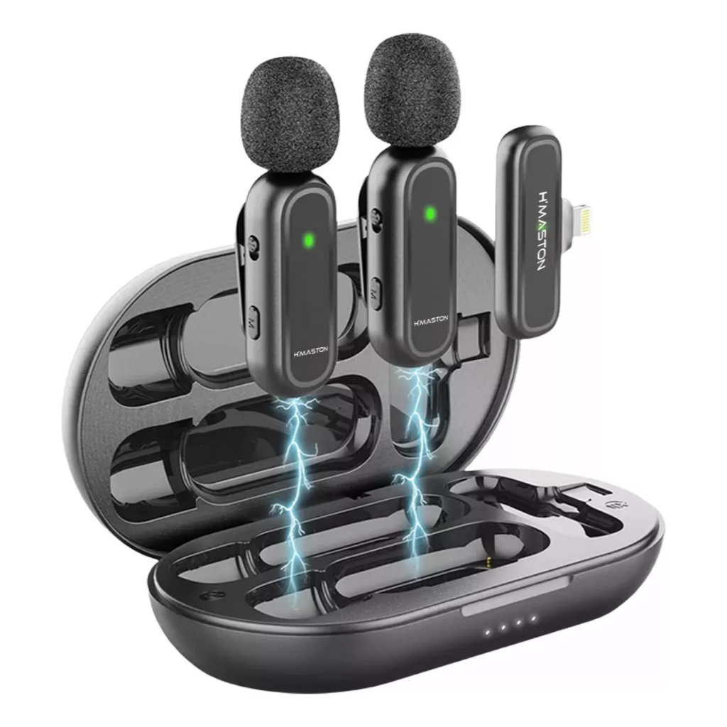 Microfone H'maston Mk07 Lightning Duplo Lapela Sem Fio 2 Em 1 Para iPhone 13 14 E Outros Modelos Antigos