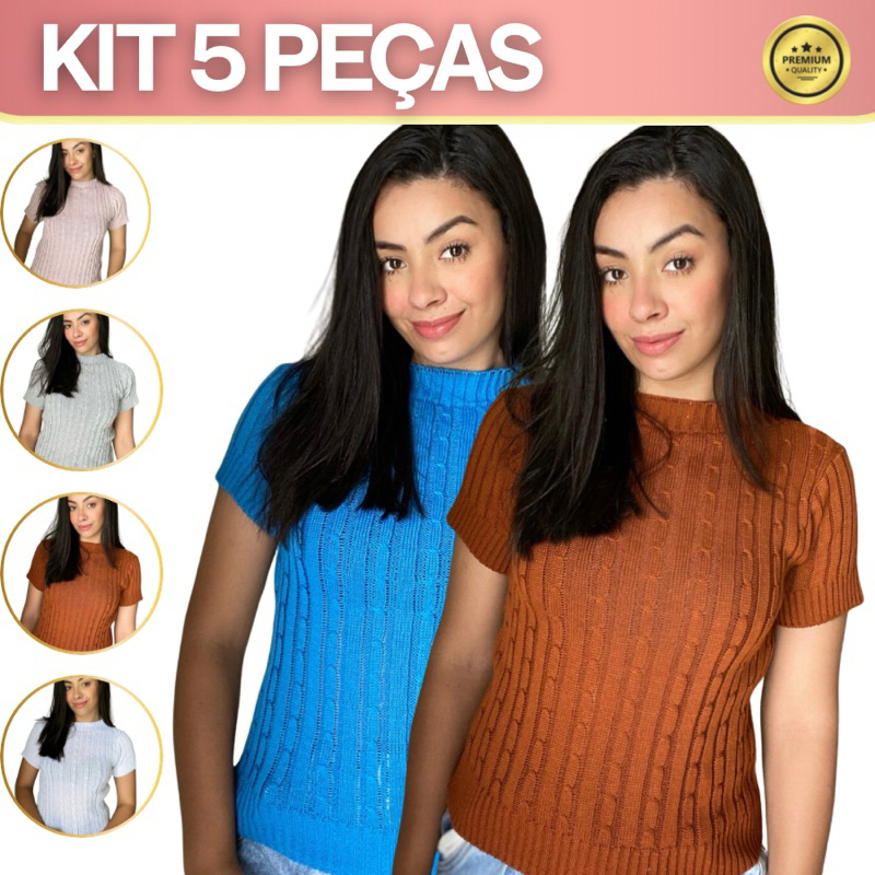 KIT 5 PEÇAS Camiseta manga curta tricot blusa moda feminina blogueira gola alta canelada cropped tricô