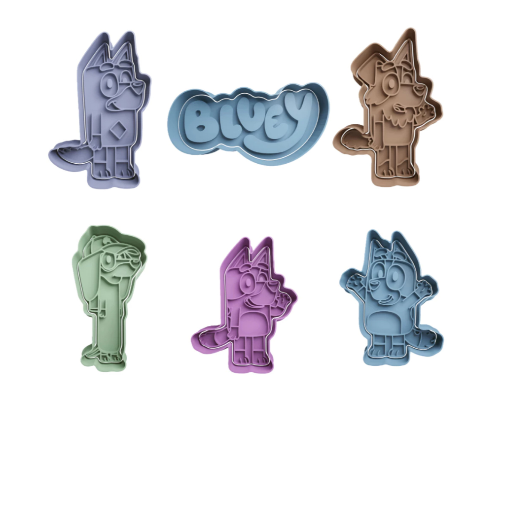 Kit 6 Cortadores de Biscoito Bolacha Pasta Americana Cookies Bluey Bingo c/ Puxador