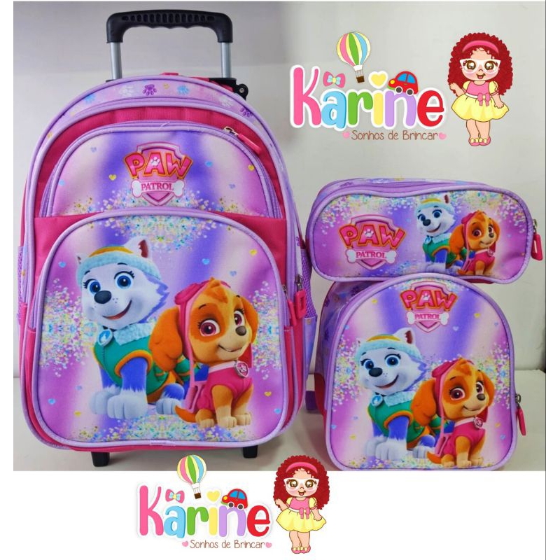 KIT MOCHILA ESCOLAR INFANTIL SKYE PATRULHA CANINA COM RODINHAS/MOCHILA LANCHEIRA TÉRMICA ESTOJO/MOCHILA PARA MENINA/2025