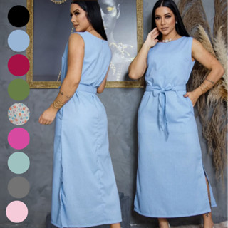 Vestido Linho Femenino Elegante com Bolsos, Laço e Fendas Laterais - Forro Confortável em Oferta na Shopee