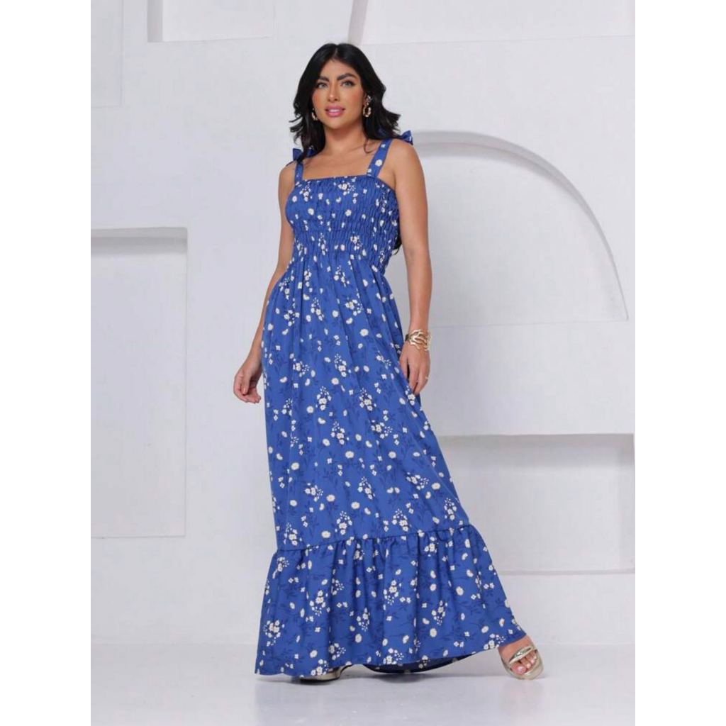 Vestido Longo de Alca estampado Floral Crepenho em Oferta na Shopee