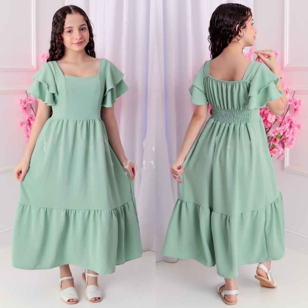 Vestido Longo Infantil Juvenil com Manga Babado Primavera Verão