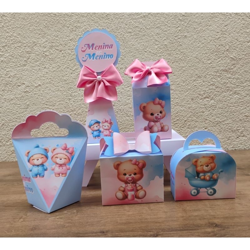 Kit Festa Caixinhas Personalizadas e Lembrancinha CHÁ REVELAÇÃO URSINHOS AZUL E ROSA. Pegue e Monte.