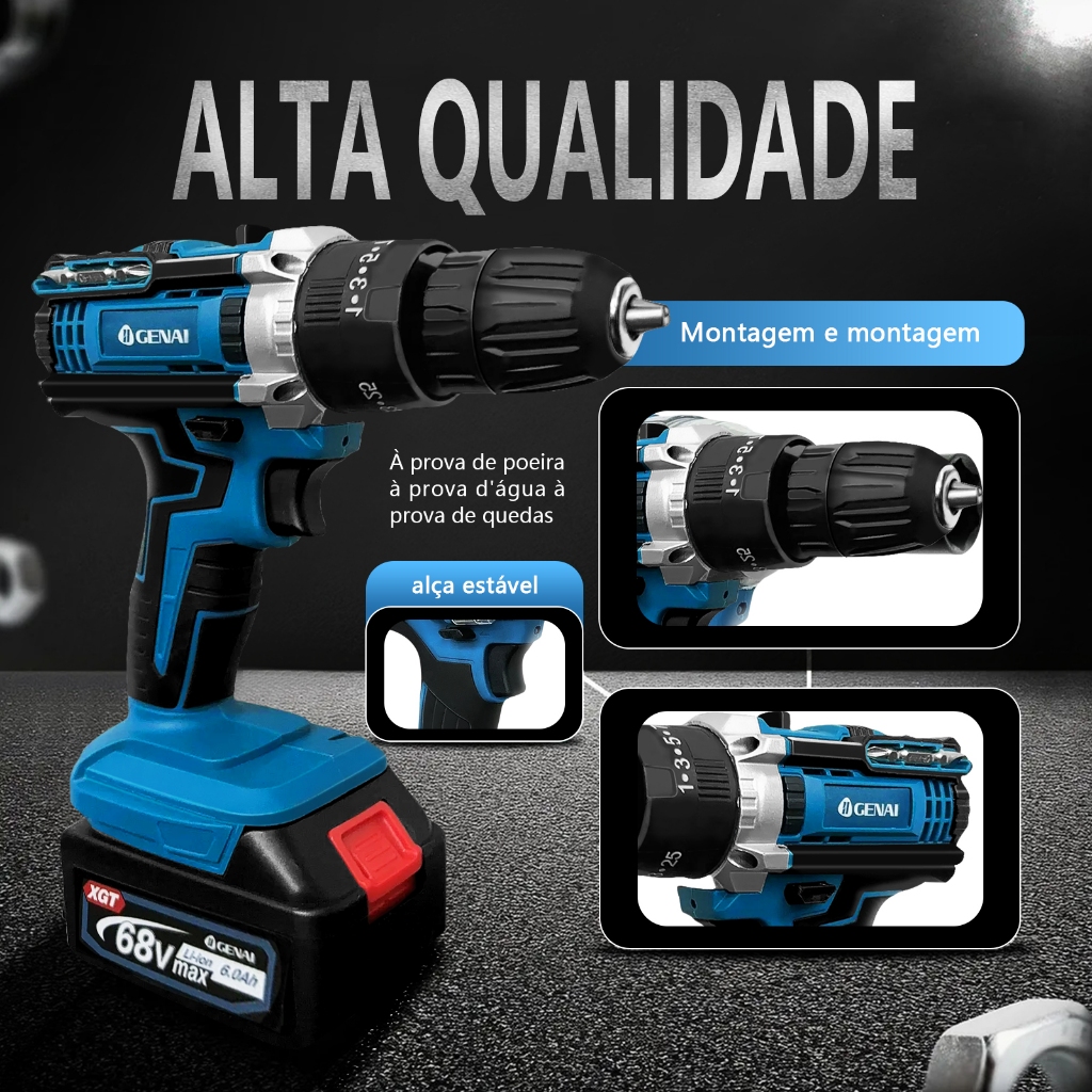 Detalhes do Kit Parafasudeira Chave De Impacto  + Furadeira de impacto 68v Portátil Recarregável Com 2 Baterias