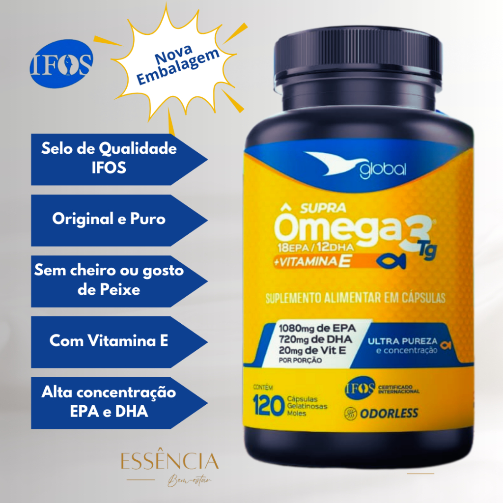 Omega 3 com Vitamina E 1800 mg  Selo IFOS (1080 mg de EPA 720 mg DHA + 20 mg Vit. E) 120 cápsulas em Oferta na Shopee