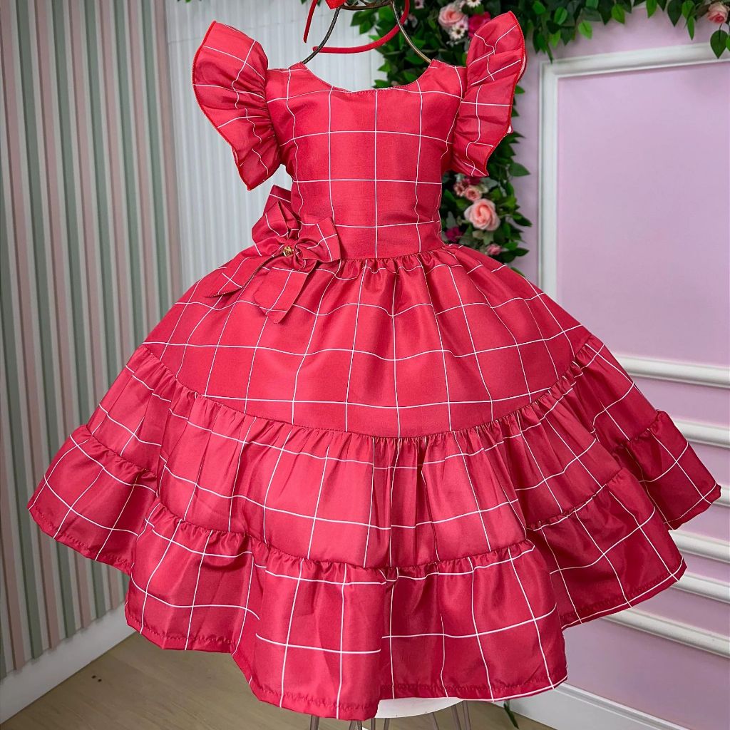 Vestido Vermelho Xadrez Midi Infantil/Juvenil Para festas Natal