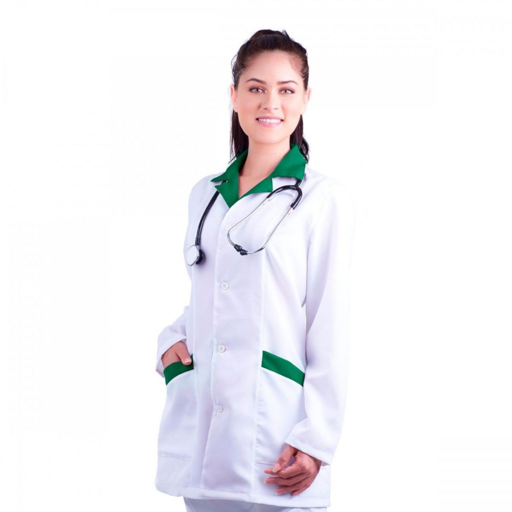 Jaleco Feminino Branco E Verde Manga Longa Com Bolsos Uniforme Para Médica Enfermeira Clínica Hospital Área Da Saúde