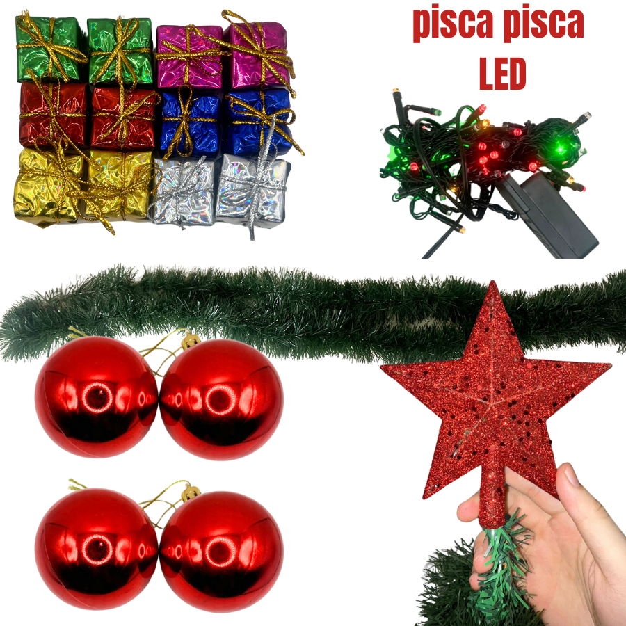 Kit Enfeites Arvore De Natal Pisca Led Bolinha Natalina Estrela Festão Presente