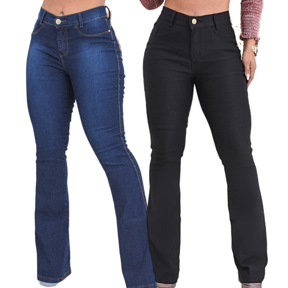 Kit 2 Calça Flare Jeans Feminina Empina Bumbum Elastano Modeladora Casual Chique Boot Cut em Oferta na Shopee