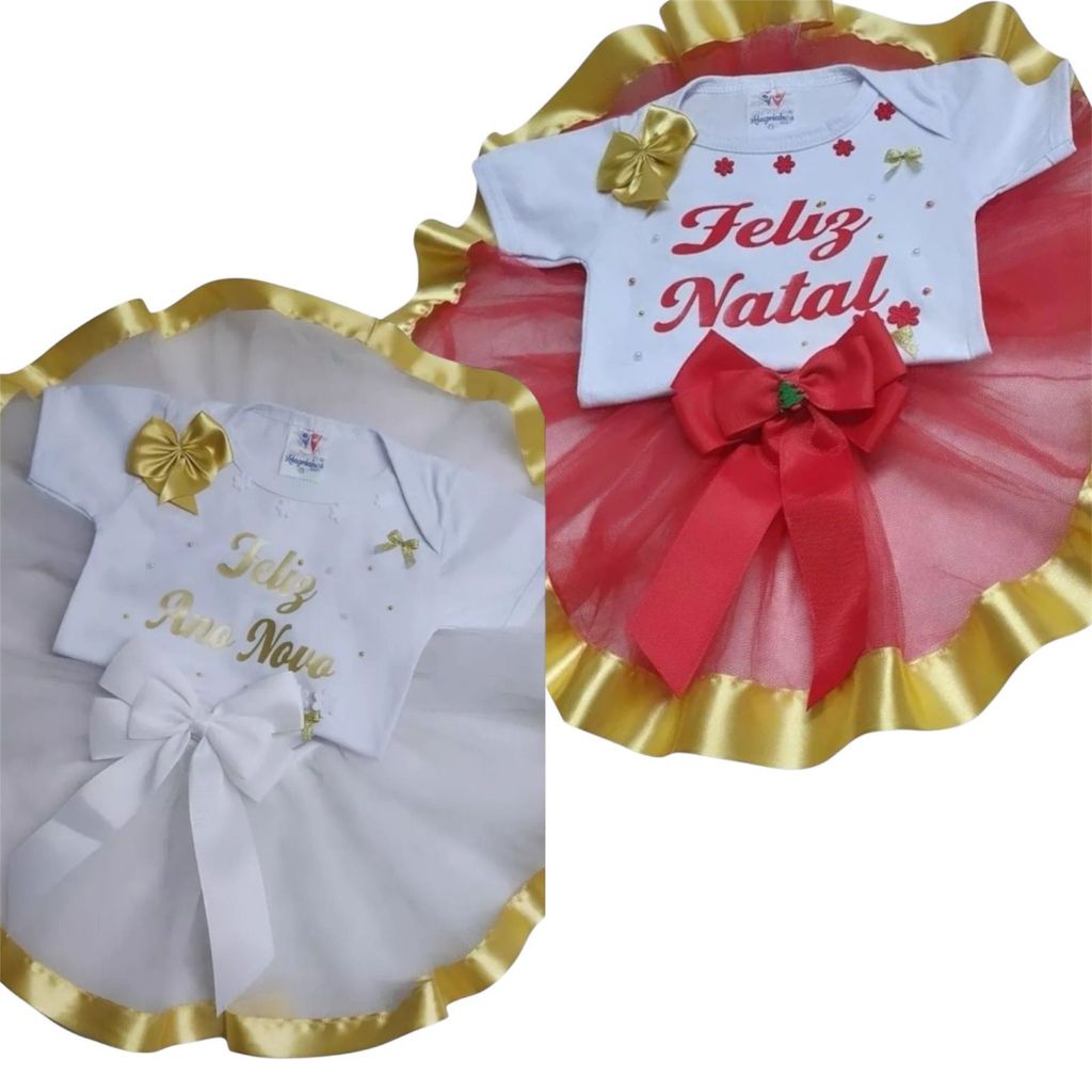 Kit C/ 2 Conjuntos Body De Natal e Feliz Ano Novo Bebê Menina Saia Tutu Roupa Festa Natalina Ensaio Foto