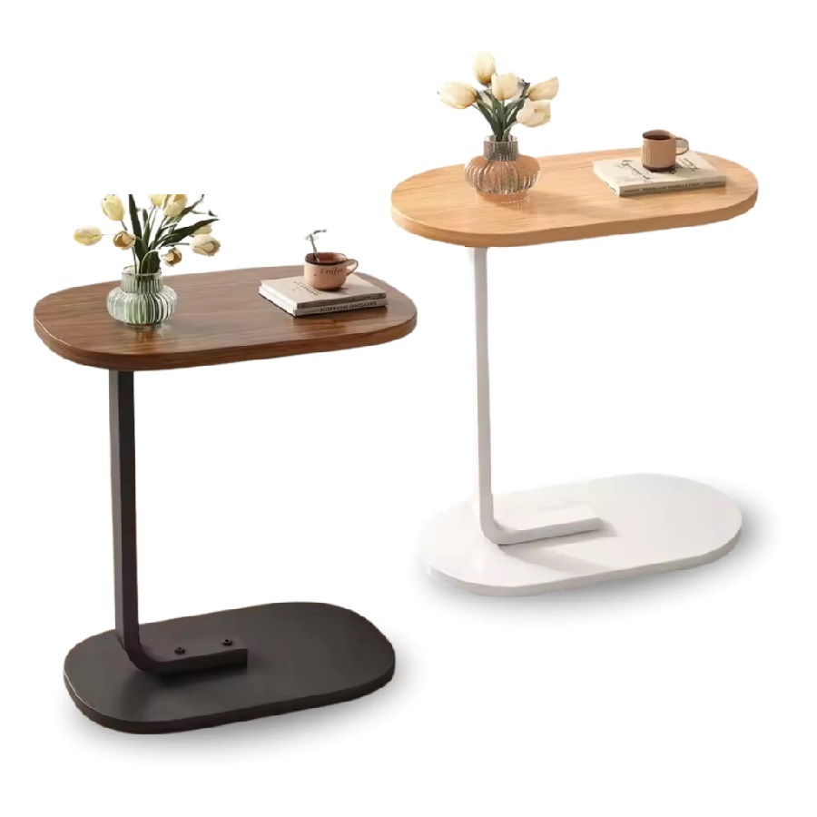 Mesa De Apoio Lateral Estilo Industrial Em MDF E Ferro Oval Para Canto 45x28x59,5Cm Bege Ou Marrom