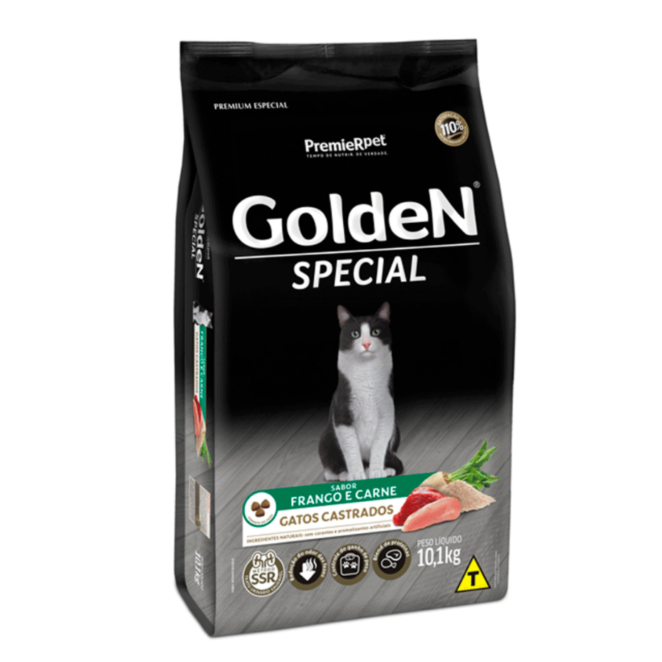 Ração Golden Gatos Castrados Sabor Frango e Carne 10,1kg
