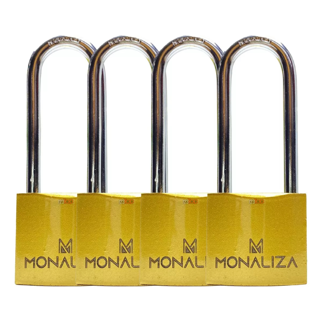 Imagem Kit 4x Cadeado Haste Longa Grande 32mm Portão C/ 3 Chaves Para Armário Mala Janela Portão Dourado