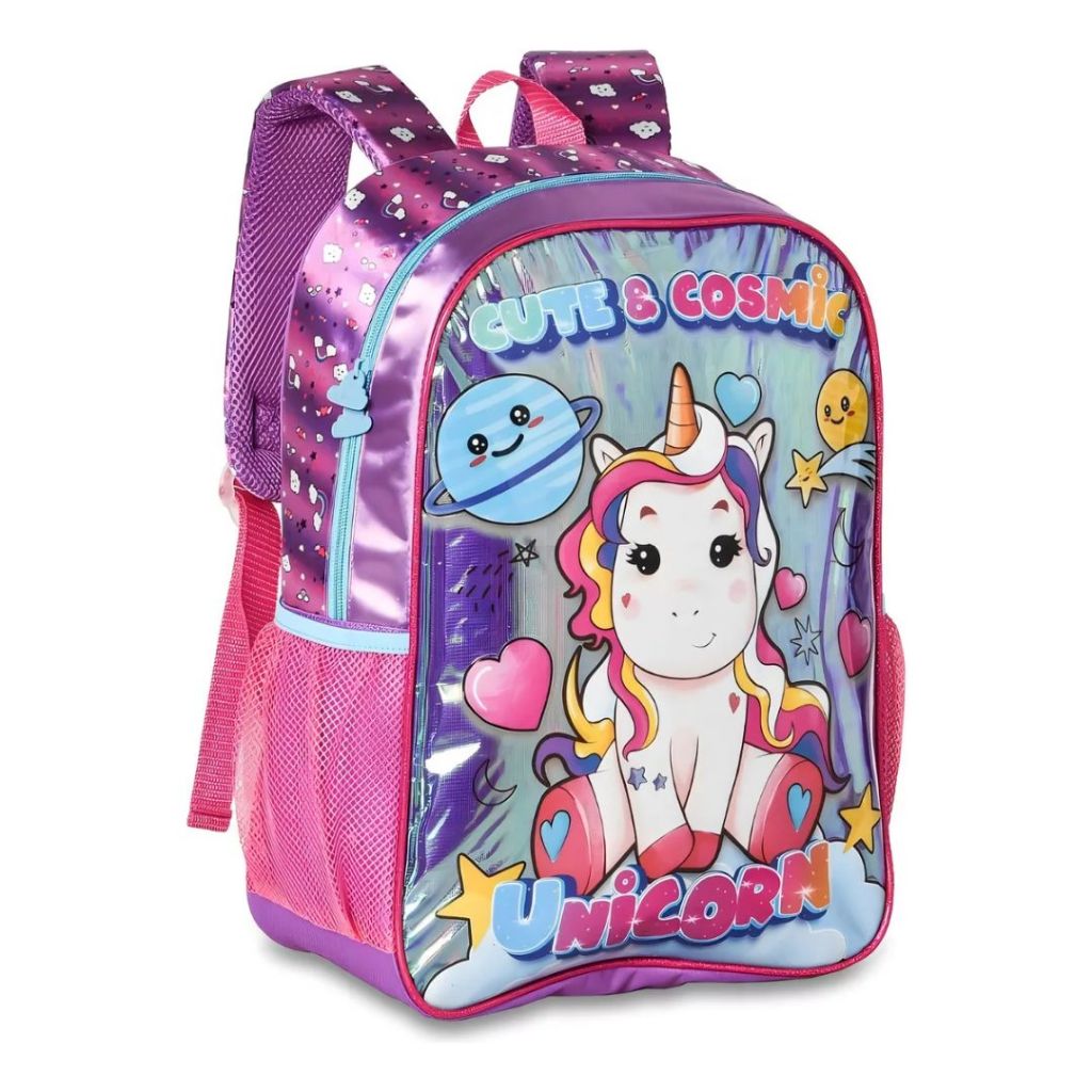 Mochila Costas Holográfica Unicórnio Estampa Menina Escolar Material Feminina Rosa Roxa Volta Aulas