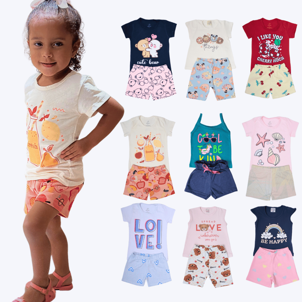 Kit 6 Peças de Roupas Infantil Menina Sortido - 3 Camisetas e 3 Bermudas -Kit 3 Conjuntos de Roupa Infantil Menina Verão