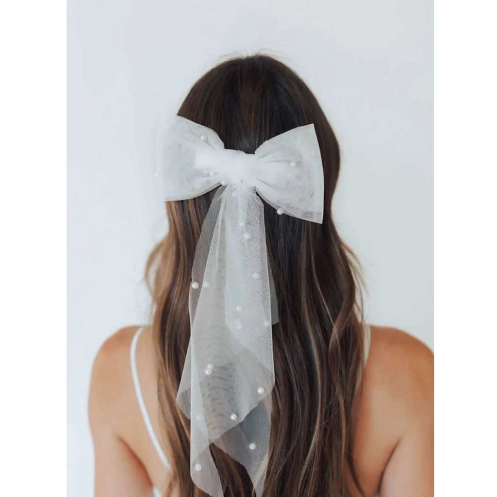 Laço Radiante de Tule Véu Com Detalhe Pérolas Veu Noiva Casamento