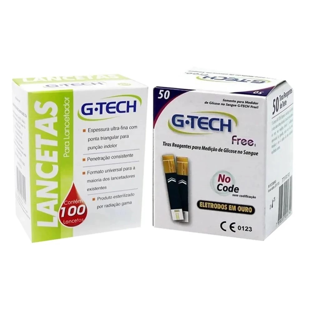 KIT 50 TIRAS DE GLICEMIA G-TECH FREE + 1 CAIXA COM 100 LANCETAS PARA LANCETADOR 30G G-TECH