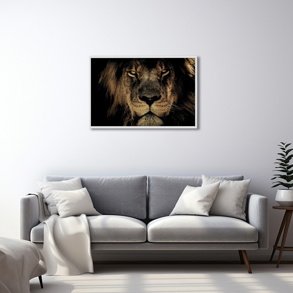 Quadro Decorativo Leão com Olhar que Inspira Coragem com Moldura Sala Quarto Escritorio