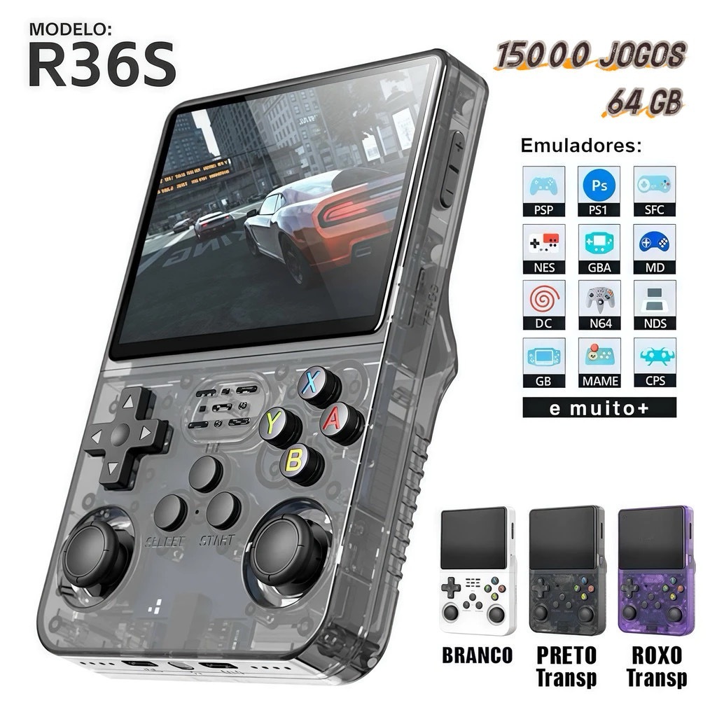 Console Portátil R36S + de 15.000 Jogos Vídeo Game 64g Linux Tela IPS 3.5 Polegadas a Pron...