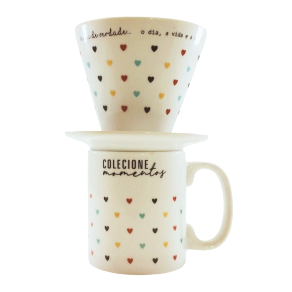 Kit Coador e Caneca em Porcelana Mini Coração Mesa Posta